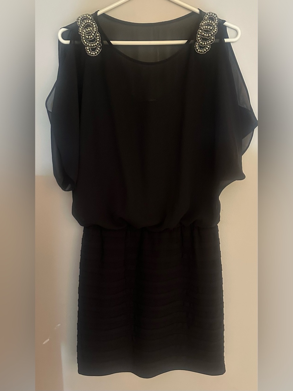 R&M Richards Size 4P Black Mini Dress with Beaded Shoulder Accents